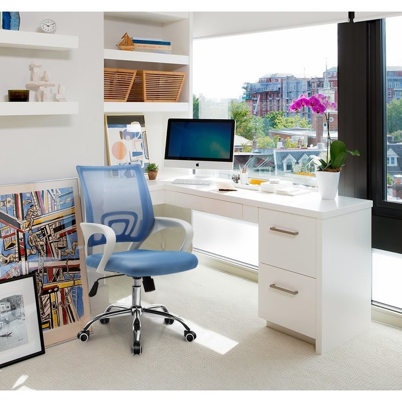 Sillón de oficina FISS NEW (M), blanco, gas, basculante, malla y tejido celeste