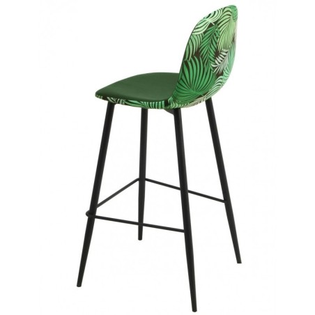 Taburete HORUS, metal, tapizado velvet verde con trasera floral a juego