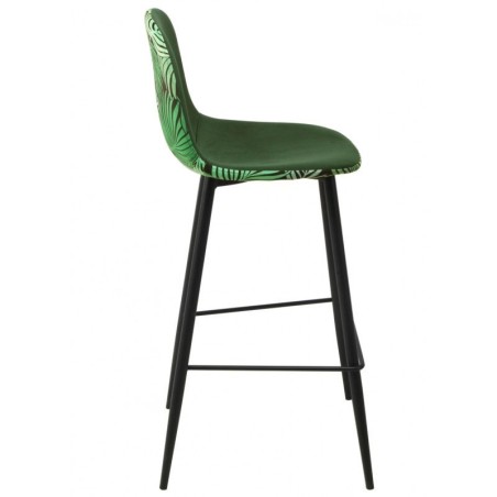 Taburete HORUS, metal, tapizado velvet verde con trasera floral a juego