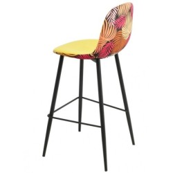 Taburete HORUS, metal, tapizado velvet amarillo con trasera floral a juego