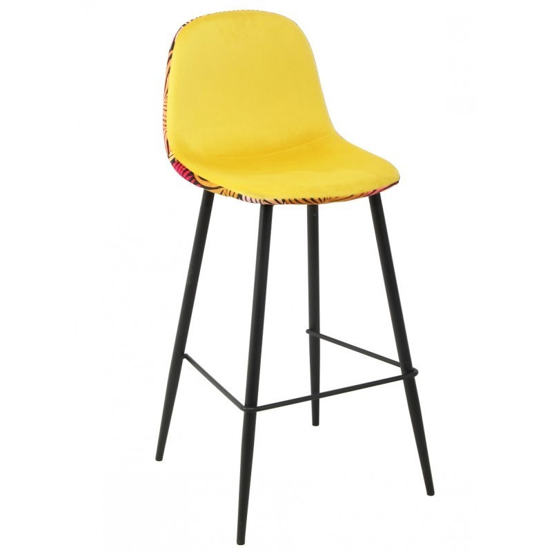 Taburete HORUS, metal, tapizado velvet amarillo con trasera floral a juego
