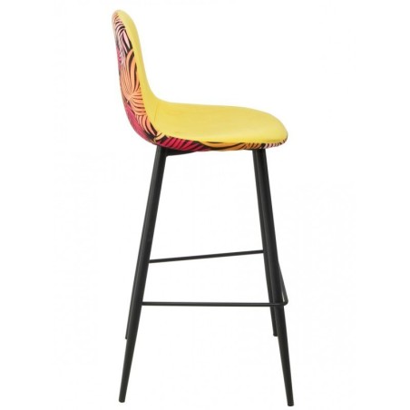 Taburete HORUS, metal, tapizado velvet amarillo con trasera floral a juego