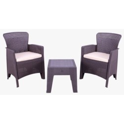 Set EVERLY, 2 sillones y mesa baja, polipropileno marrón, cojín beige