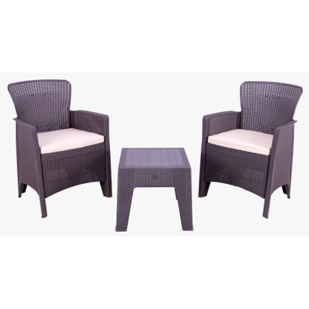 Set EVERLY, 2 sillones y mesa baja, polipropileno marrón, cojín beige