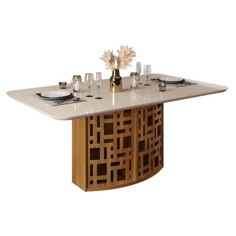 Mesa KALI, cristal, roble y blanco roto, 170x90 cms