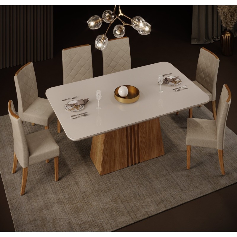 Mesa KALI, cristal, roble y blanco roto, 170x90 cms