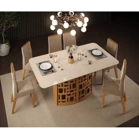 Mesa KALI, cristal, roble y blanco roto, 170x90 cms