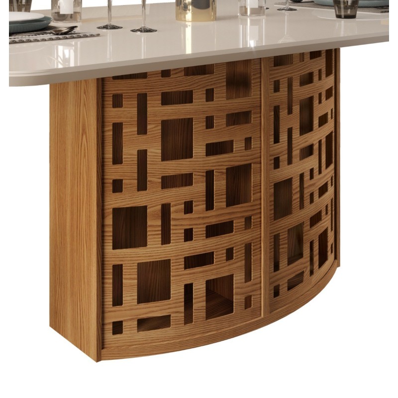 Mesa KALI, cristal, roble y blanco roto, 170x90 cms