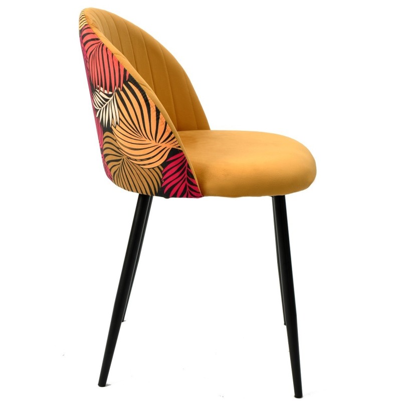 Silla FLORAL, metal, tapizado velvet amarillo con trasera floral a juego