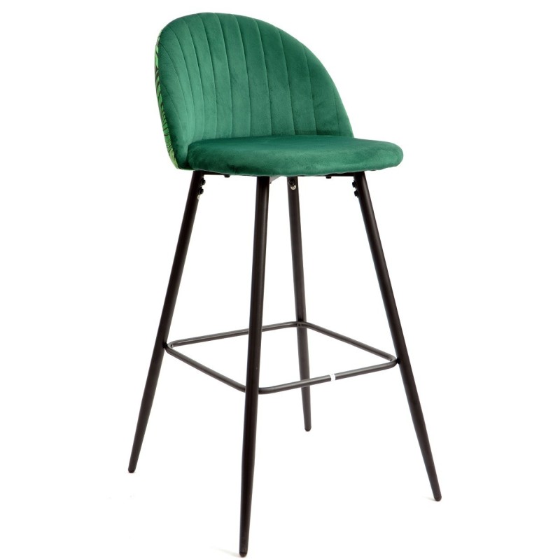 Taburete FLORAL, metal, tapizado velvet verde con trasera floral a juego