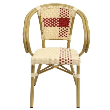 Sillón GARNIER, apilable, aluminio, ratán beige y rojo
