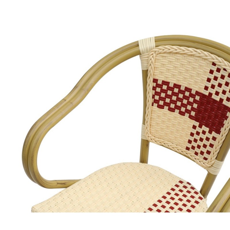 Sillón GARNIER, apilable, aluminio, ratán beige y rojo