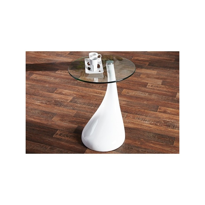 Mesa PEAR, baja, blanca, cristal, 50 cms de diámetro