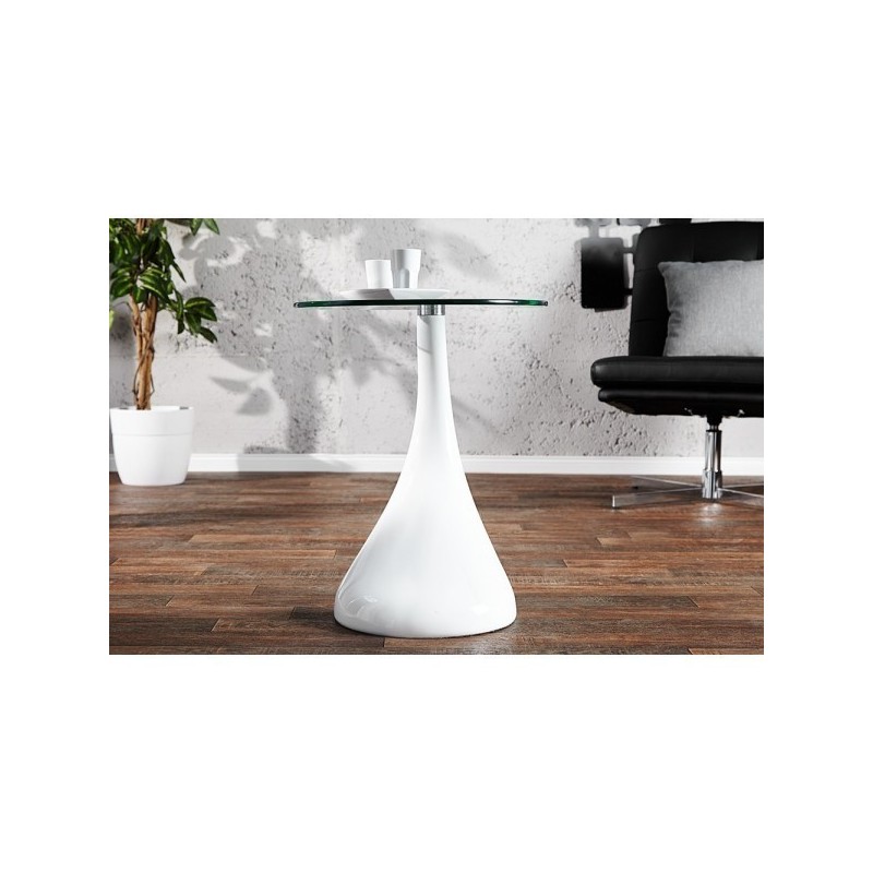 Mesa PEAR, baja, blanca, cristal, 50 cms de diámetro