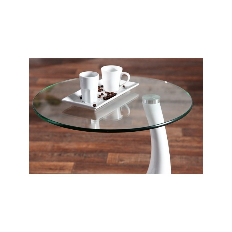 Mesa PEAR, baja, blanca, cristal, 50 cms de diámetro