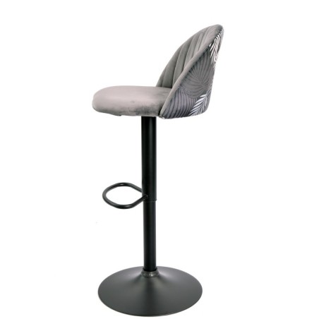 Taburete FLOWER, regulable, metal negro, tapizado velvet gris con trasera floral a juego