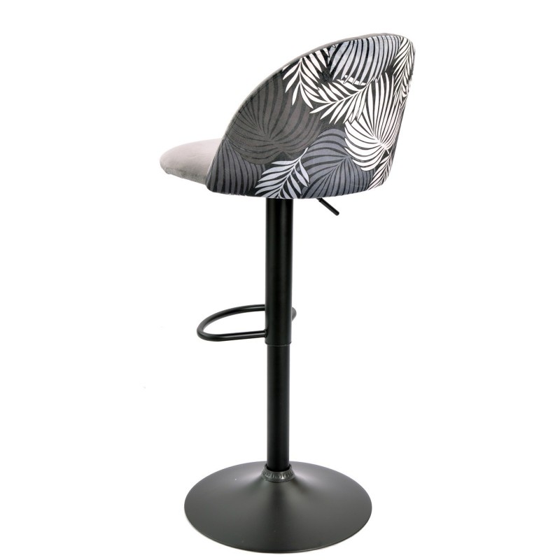 Taburete FLOWER, regulable, metal negro, tapizado velvet gris con trasera floral a juego