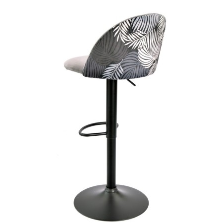 Taburete FLOWER, regulable, metal negro, tapizado velvet gris con trasera floral a juego