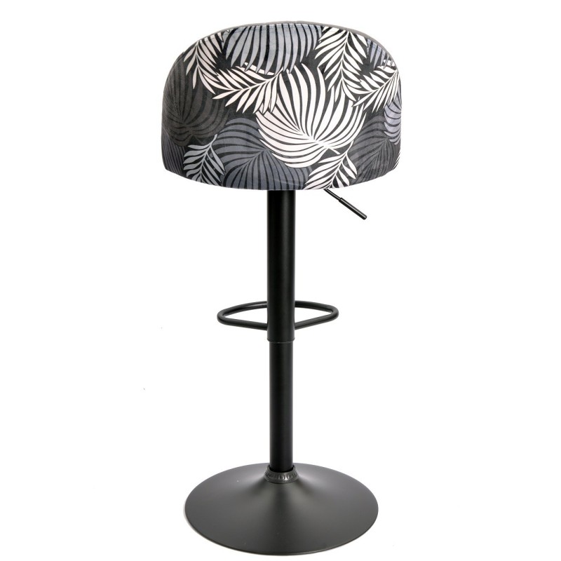 Taburete FLOWER, regulable, metal negro, tapizado velvet gris con trasera floral a juego