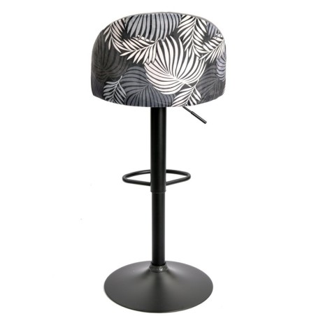 Taburete FLOWER, regulable, metal negro, tapizado velvet gris con trasera floral a juego