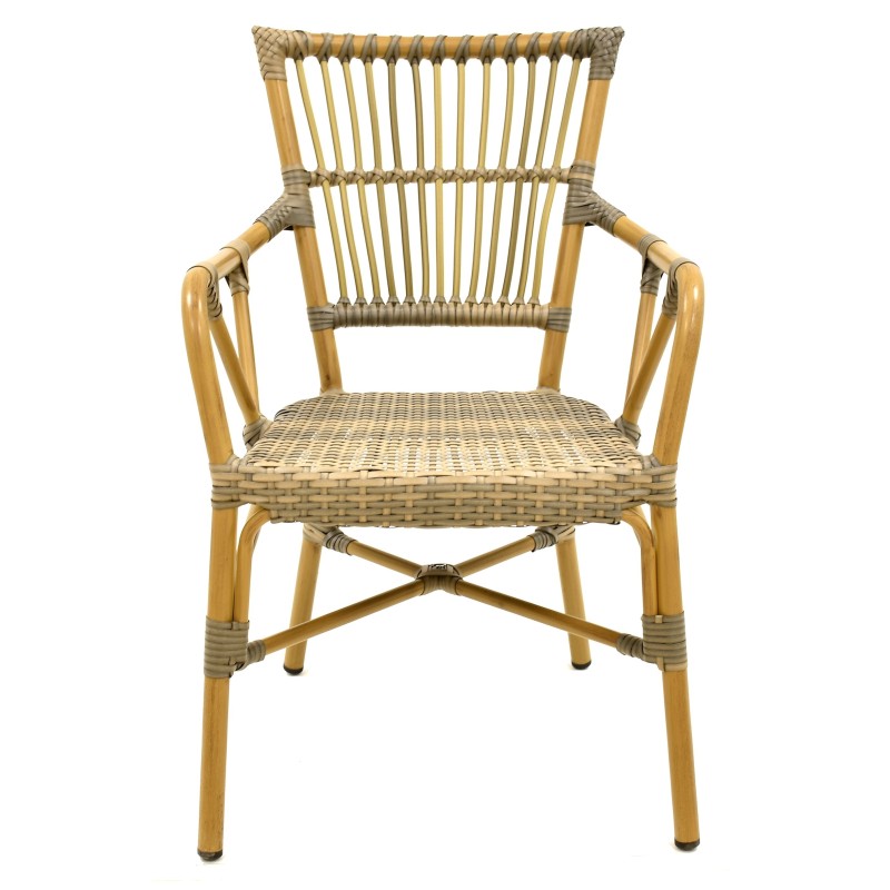 Sillón PAROS, apilable, aluminio, ratán marrón y gris