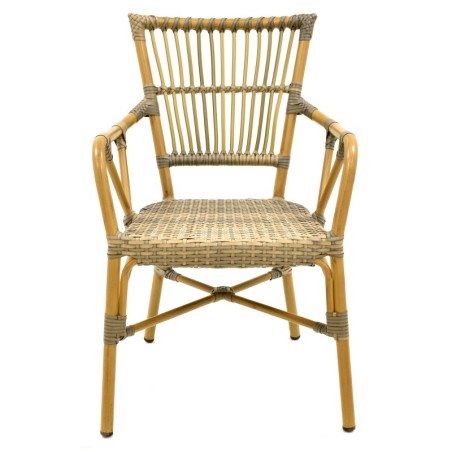 Sillón PAROS, apilable, aluminio, ratán marrón y gris
