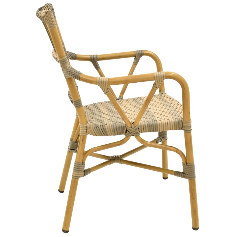 Sillón PAROS, apilable, aluminio, ratán marrón y gris