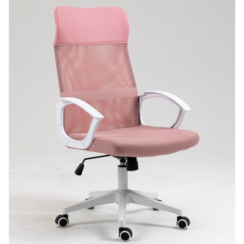 Sillón de oficina VERTON, blanco, malla y asiento rosa