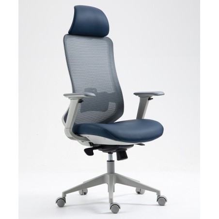 Sillón de oficina ARANJUEZ, alto, gris, ergonómico, multifunción, malla y asiento azul