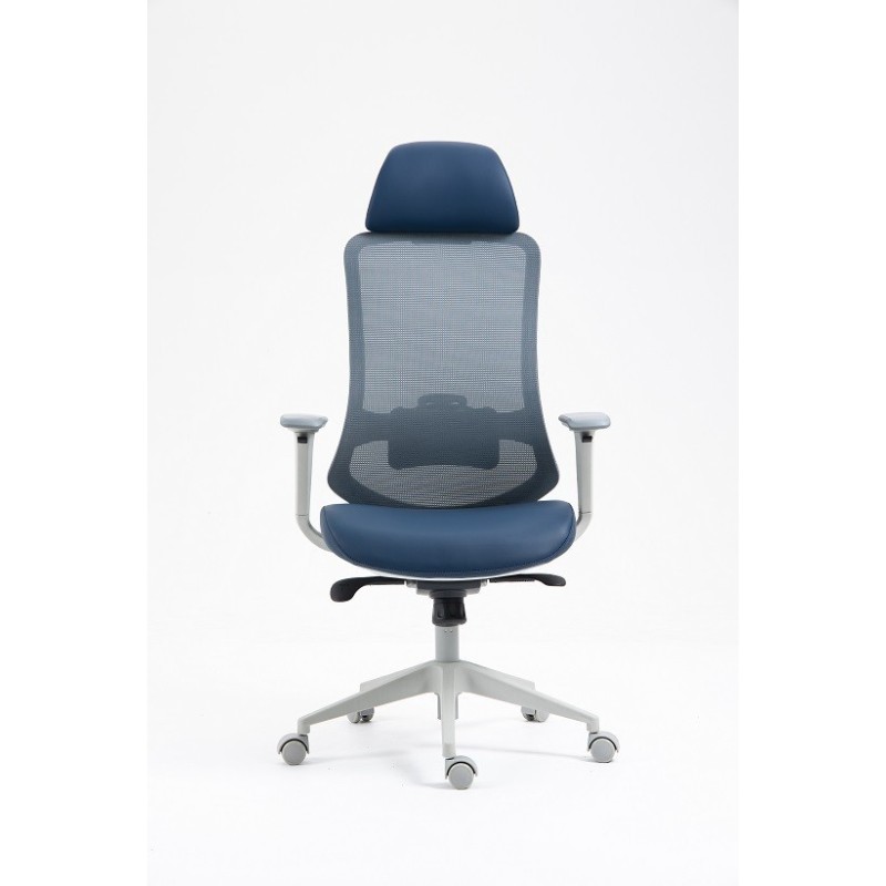 Sillón de oficina ARANJUEZ, alto, gris, ergonómico, multifunción, malla y asiento azul