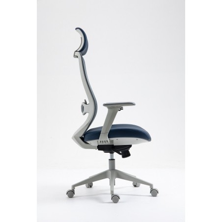 Sillón de oficina ARANJUEZ, alto, gris, ergonómico, multifunción, malla y asiento azul