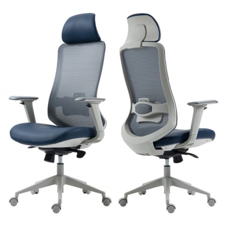 Sillón de oficina ARANJUEZ, alto, gris, ergonómico, multifunción, malla y asiento azul