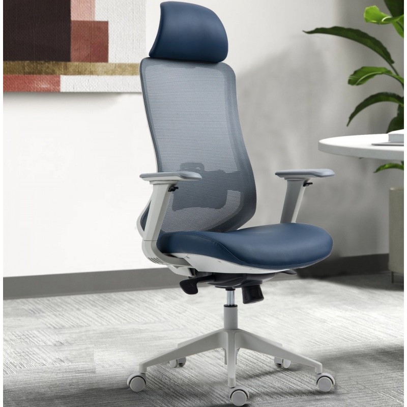 Sillón de oficina ARANJUEZ, alto, gris, ergonómico, multifunción, malla y asiento azul