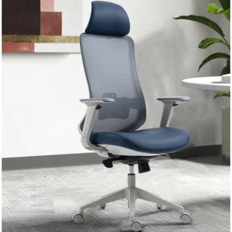 Sillón de oficina ARANJUEZ, alto, gris, ergonómico, multifunción, malla y asiento azul
