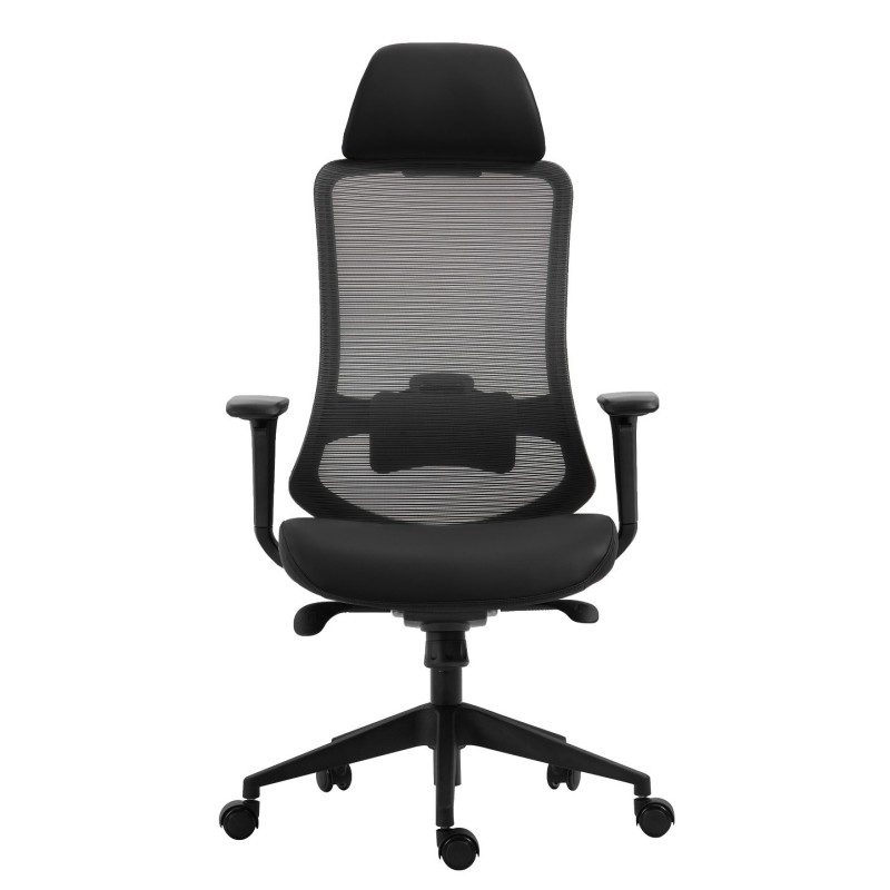Sillón de oficina ARANJUEZ, alto, negro, ergonómico, multifunción, malla y asiento azul