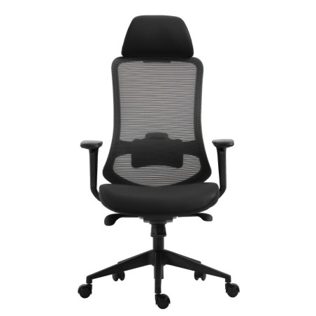 Sillón de oficina ARANJUEZ, alto, negro, ergonómico, multifunción, malla y asiento azul