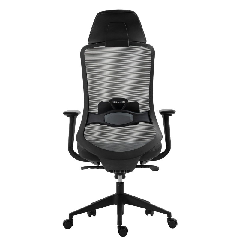 Sillón de oficina ARANJUEZ, alto, negro, ergonómico, multifunción, malla y asiento azul