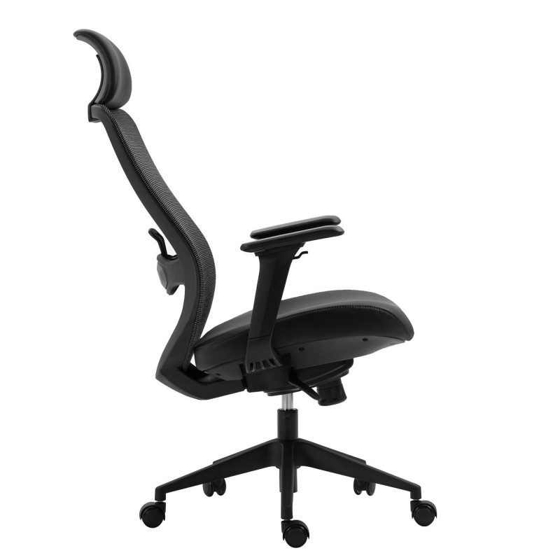 Sillón de oficina ARANJUEZ, alto, negro, ergonómico, multifunción, malla y asiento azul