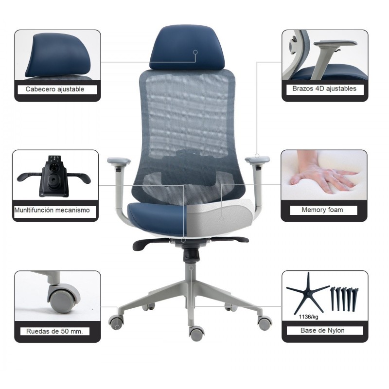 Sillón de oficina ARANJUEZ, alto, negro, ergonómico, multifunción, malla y asiento azul