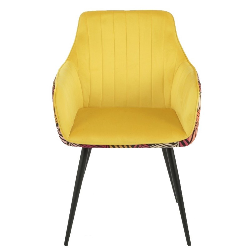 Sillón DEVA, metal, tapizado velvet amarillo con trasera floral a juego