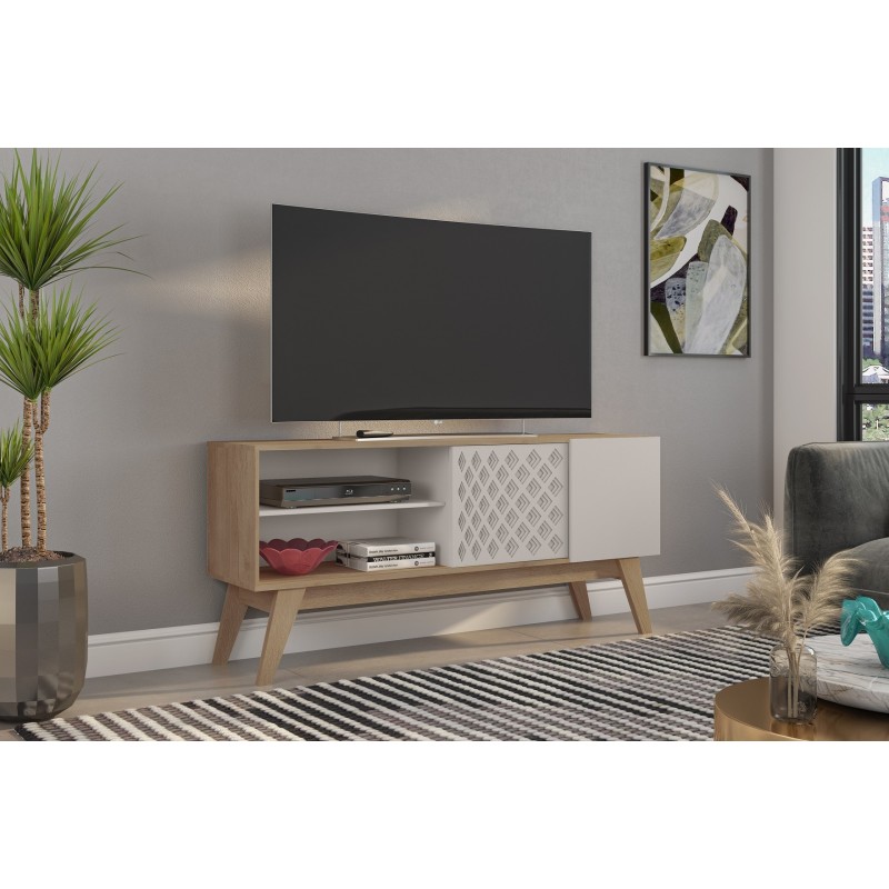 Mueble TV PREMIUM, cedro y blanco roto, 150 cms.