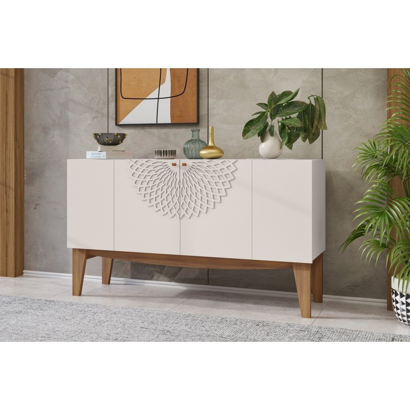 Buffet JADE, 4 puertas, blanco roto y matte, 136 cms.