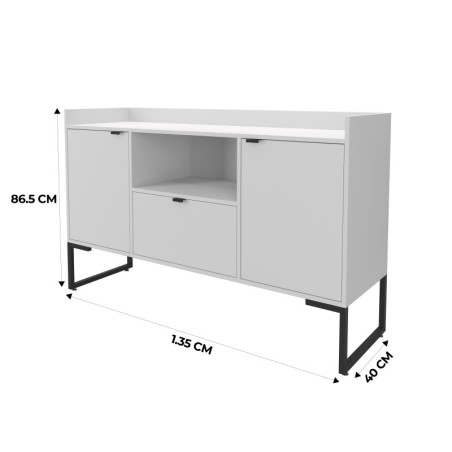 Buffet TOKYO, metal negro, 2 puertas y cajón, MDP color blanco, 135 cms.