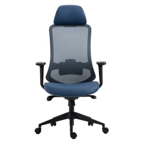 Sillón de oficina ARANJUEZ, alto, negro, ergonómico, multifunción, malla y asiento azul