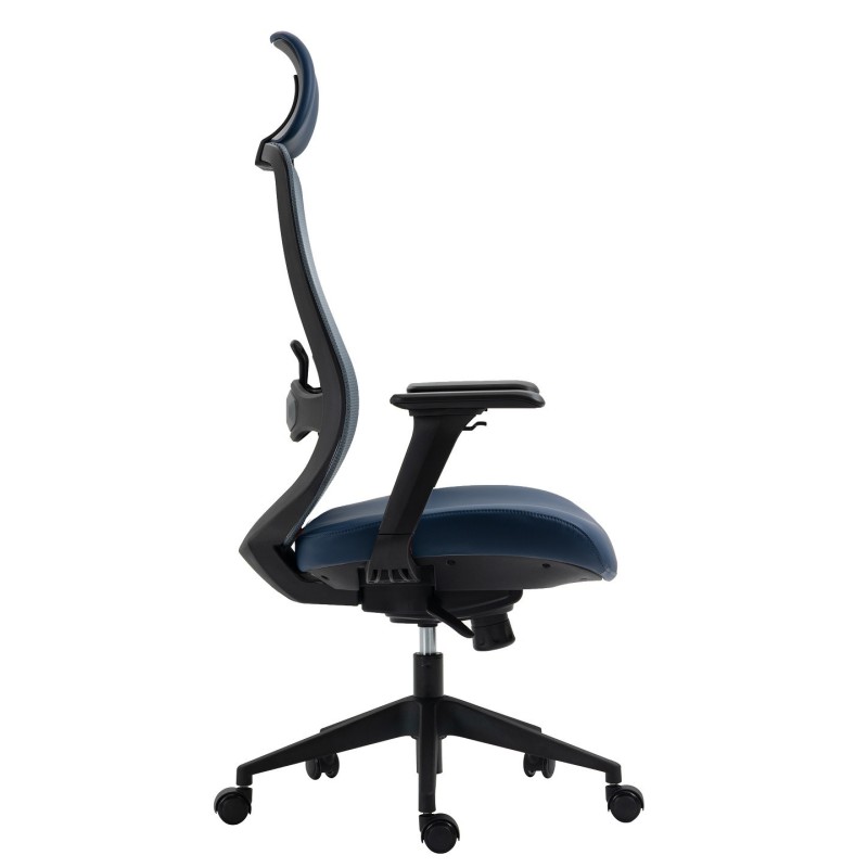 Sillón de oficina ARANJUEZ, alto, negro, ergonómico, multifunción, malla y asiento azul