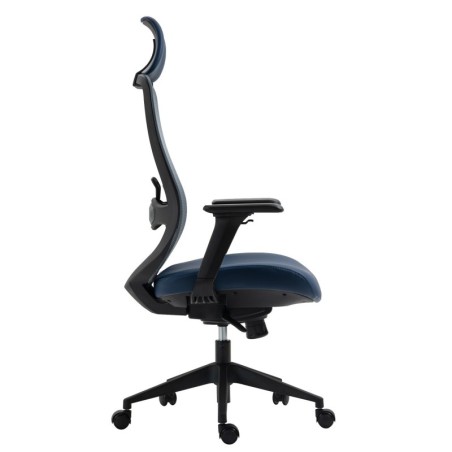 Sillón de oficina ARANJUEZ, alto, negro, ergonómico, multifunción, malla y asiento azul