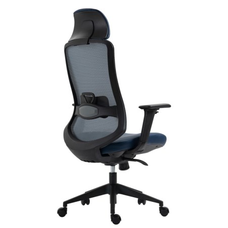 Sillón de oficina ARANJUEZ, alto, negro, ergonómico, multifunción, malla y asiento azul
