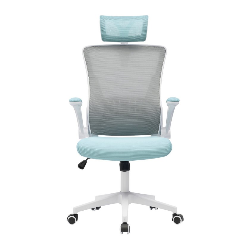 Sillón de oficina LAURO, alto, blanco, malla gris, asiento azul