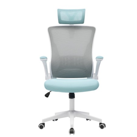 Sillón de oficina LAURO, alto, blanco, malla gris, asiento azul