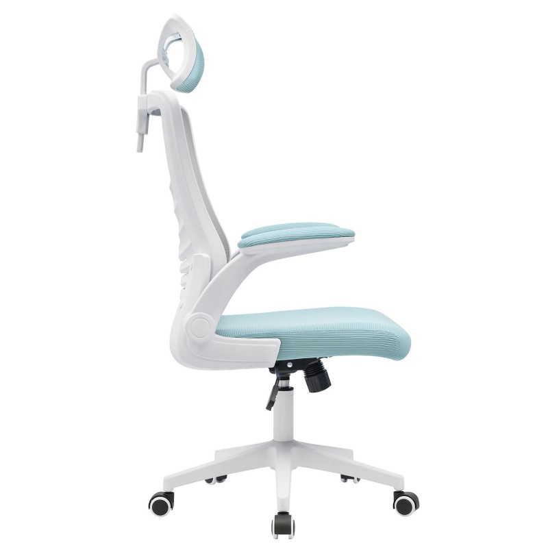 Sillón de oficina LAURO, alto, blanco, malla gris, asiento azul